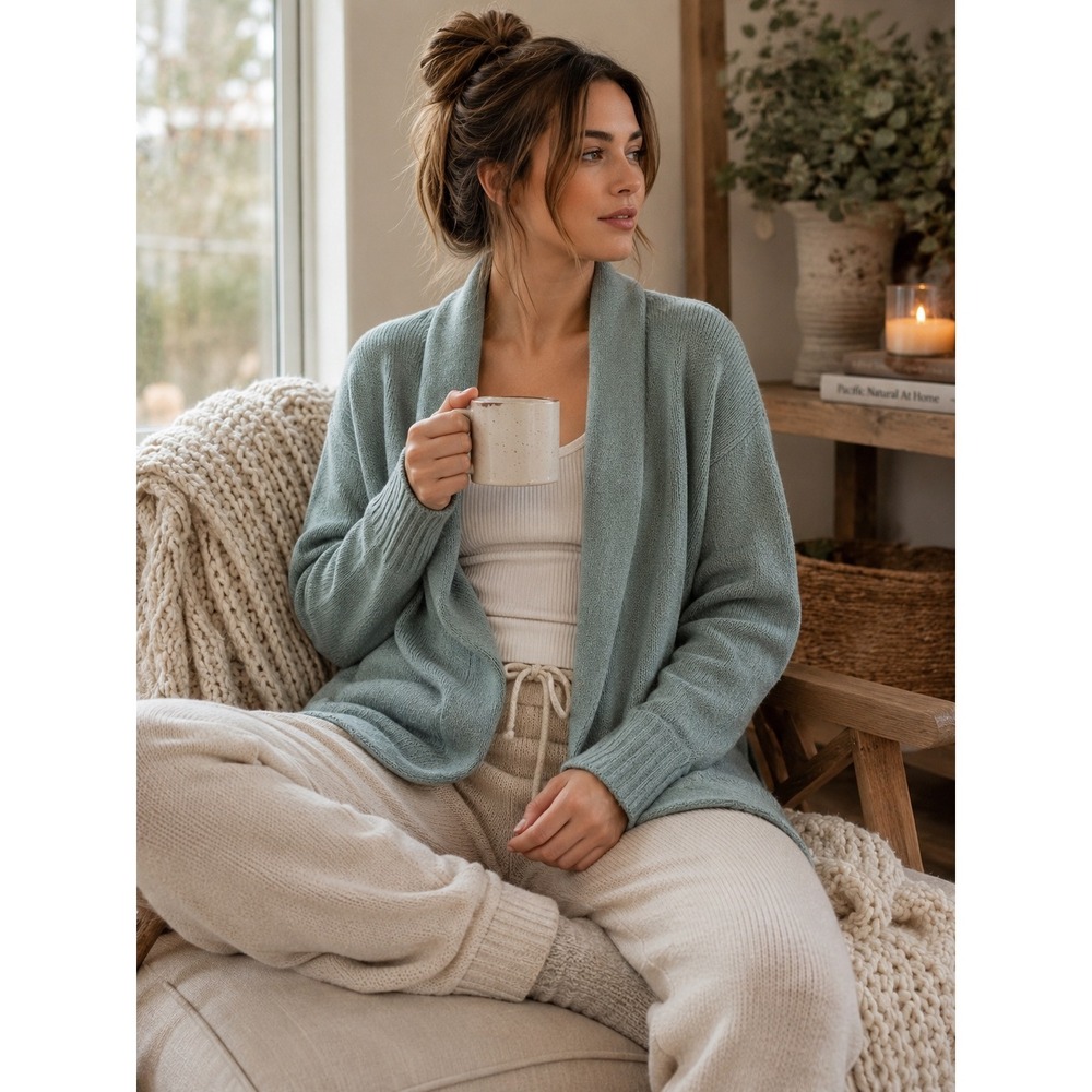 Lucky Brand Cardigan Sweater Womens L Green Shawl Collar Cable Knit